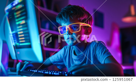 A kid boy learns online using futuristic technology. The concept of the integration of advanced digital tools in education, and learning experiences for the future generation. Generative AI. A kid boy learns online using futuristic technology. The concept of the integration of advanced digital tools in education, and learning experiences for the future generation. Generative AI. 125951067