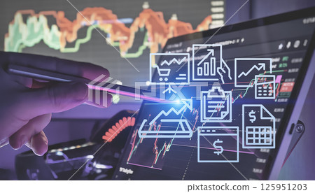 digital tablet displaying financial charts and futuristic analytics icons for investment analysis 125951203