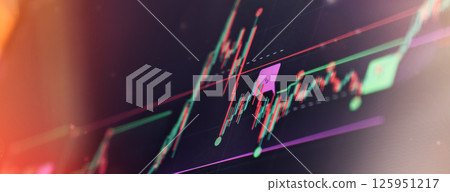 Financial trading screen with a rising candlestick chart, showing trendlines, breakout zones, and signal markers in a dynamic market 125951217