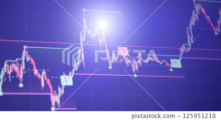 financial screen with a candlestick chart displaying volatile market movements 125951218