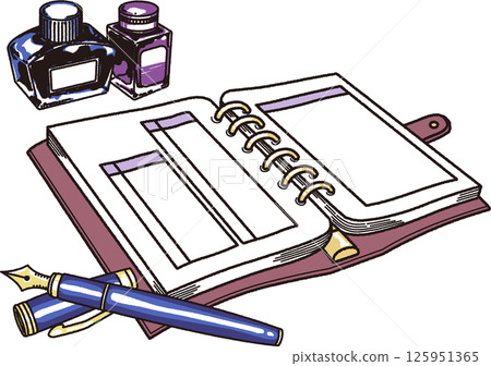 Illustration of a notebook, a fountain pen, and a bottle of ink 125951365