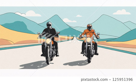 Two Riders on Motorcycles are Enjoying the Wonderful View Against a Beautiful Scenic Backdrop Two Riders on Motorcycles are Enjoying the Wonderful View Against a Beautiful Scenic Backdrop 125951396