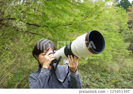 Woman looking through camera, photographing wild birds Woman looking through camera, photographing wild birds 125951397