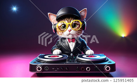DJ Cat Mixing Music Tracks with Incredible Style and Flair for Event Entertainment 125951405
