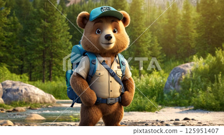 A teddy bear carrying a backpack is standing happily in the woods 125951407