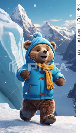 A Festive Bear joyfully presenting a Gift amidst a charming Winter Wonderland setting 125951408