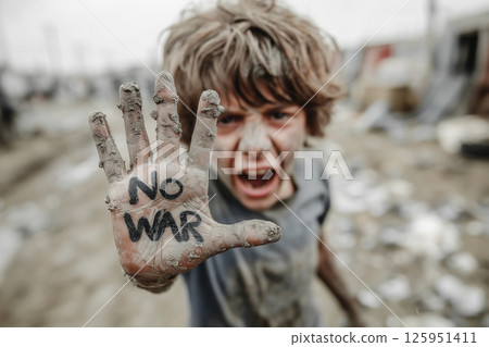 孩子們抗議戰爭的憤怒和哭喊。一名男孩手上寫著「NO WAR」（不要戰爭），他希望結束戰爭 125951411