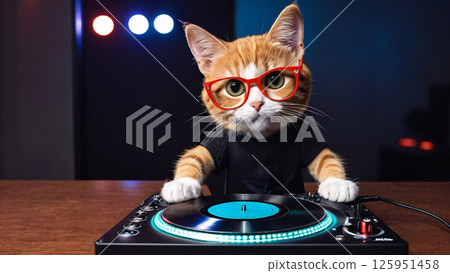 Cool DJ Cat Skillfully Mixing Up Fun Beats at a Vibrant Party Event in a Club Setting Cool DJ Cat Skillfully Mixing Up Fun Beats at a Vibrant Party Event in a Club Setting 125951458