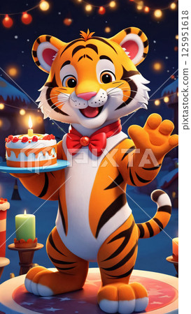 A cartoon tiger happily holds a large birthday cake for celebration 125951618