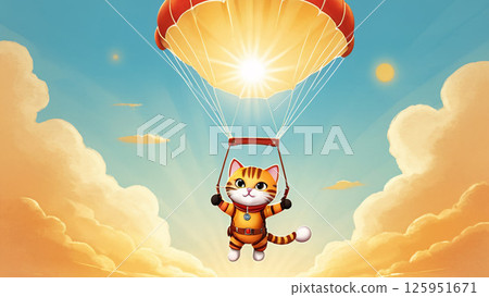 A Playful and Adventurous Cat Joyfully Parachuting in a Bright, Clear Blue Sky on a Lovely Sunny Day 125951671
