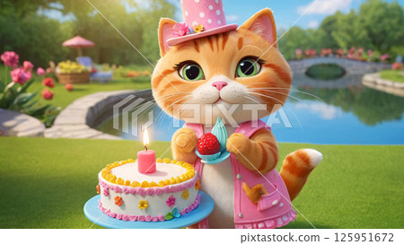 A fluffy cat is holding a colorful birthday cake and a bright candle 125951672