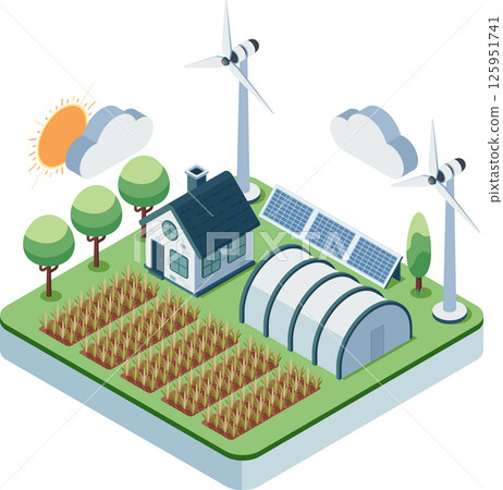 Isometric Sustainable Farm with Renewable Energy and Crops 125951741