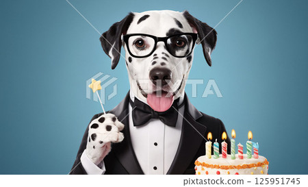 A dalmatian in a tuxedo and glasses holds a birthday cake 125951745