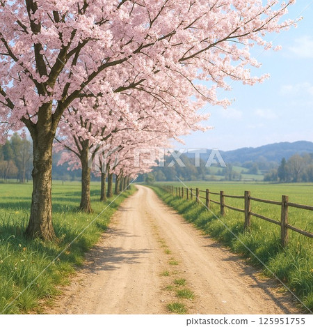 Spring scenery of cherry blossom trees and country roads 125951755