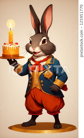 A cheerful rabbit is joyfully holding a delicious cake with a candle on it 125951770