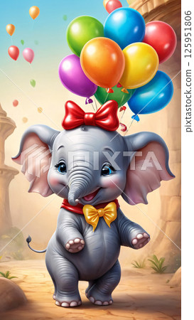 A small baby elephant is joyfully holding a bunch of colorful balloons 125951806