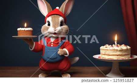 A cartoon rabbit joyfully holds a delicious cake with a candle on top 125951827