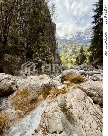 Fast mountain river falling down against white peaks 125951857