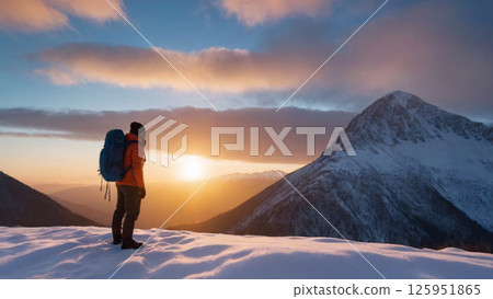 A person with a backpack stands on a snowy mountain, watching sunset 125951865
