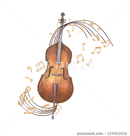 Cello embraced by curling musical staff with floating notes romantic watercolor illustration isolated background. Musical composition for concert posters, school materials, and elegant stationery 125952018