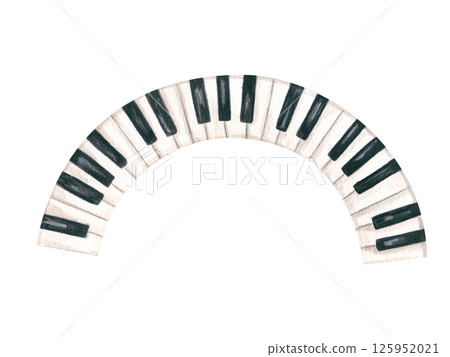 Abstract hand painted curved piano keyboard with flowing, organic lines watercolor illustration isolated background. Elegant interpretation of arched piano keys for music branding, modern wall art 125952021
