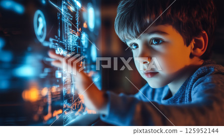 A kid boy learns online using futuristic technology. The concept of the integration of advanced digital tools in education, and learning experiences for the future generation. Generative AI. 125952144