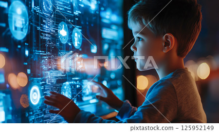 A kid boy learns online using futuristic technology. The concept of the integration of advanced digital tools in education, and learning experiences for the future generation. Generative AI. 125952149