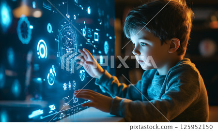 A kid boy learns online using futuristic technology. The concept of the integration of advanced digital tools in education, and learning experiences for the future generation. Generative AI. 125952150