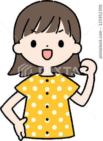 A woman with short hair and upper body wearing pajamas is cheering A woman with short hair and upper body wearing pajamas is cheering 125952308