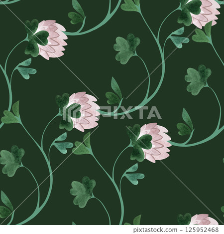 Textile seamless floral pattern with clover flowers and shamrocks in vintage style. Design for kitchen home textiles, tablecloths, curtains, bed linen, dress fabrics, wrapping paper. Textile seamless floral pattern with clover flowers and shamrocks in vintage style. Design for kitchen home textiles, tablecloths, curtains, bed linen, dress fabrics, wrapping paper. 125952468