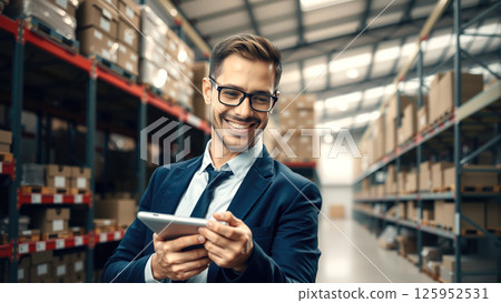 A man stands in a warehouse with a tablet computer, checking inventory statements for the presence of goods. The concept of logistics, supply chain management, and digital inventory control. Generativ 125952531