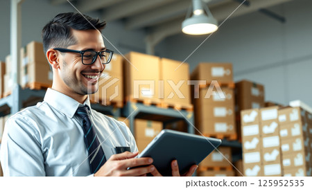 A man stands in a warehouse with a tablet computer, checking inventory statements for the presence of goods. The concept of logistics, supply chain management, and digital inventory control. Generativ 125952535