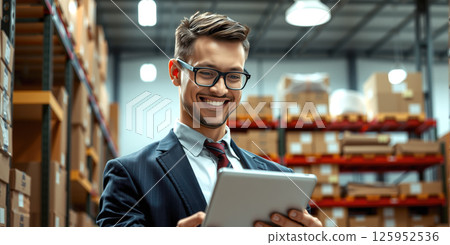 A man stands in a warehouse with a tablet computer, checking inventory statements for the presence of goods. The concept of logistics, supply chain management, and digital inventory control. Generativ 125952536