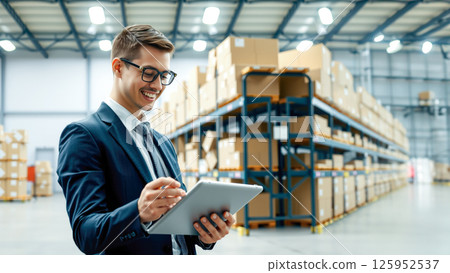 A man stands in a warehouse with a tablet computer, checking inventory statements for the presence of goods. The concept of logistics, supply chain management, and digital inventory control. Generativ 125952537