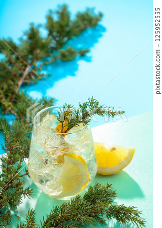 Gin and tonic cocktail with crushed ice and lemon slices. 125952555