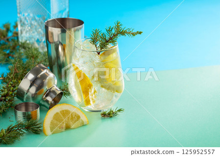Gin and tonic cocktail with crushed ice and lemon slices. 125952557