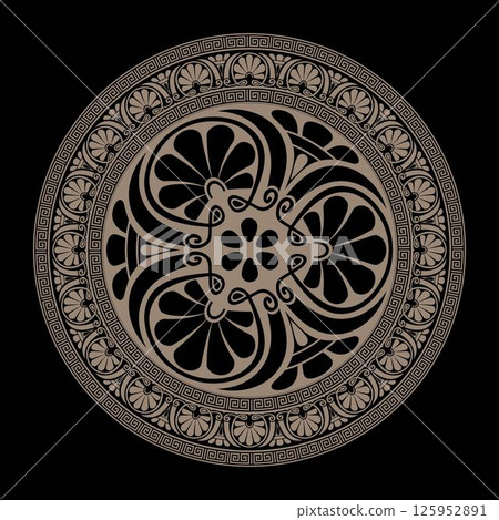 Classic Greek round ornament plate. Gold round frame with Greek meander, Byzantine pattern. Circle of Ancient Greece, Roman Empire. For design for ceramic, textile, embroidery, porcelain, engraving Classic Greek round ornament plate. Gold round frame with Greek meander, Byzantine pattern. Circle of Ancient Greece, Roman Empire. For design for ceramic, textile, embroidery, porcelain, engraving 125952891