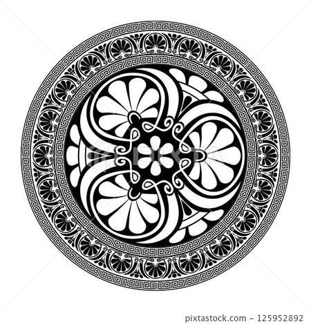 Classic Greek round ornament. Black, white round frame with Greek meander, Byzantine pattern. Circle of Ancient Greece, Roman Empire. For design for ceramic, textile, embroidery, porcelain, engraving 125952892