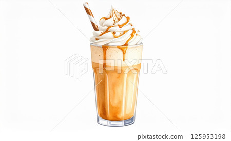 Creamy caramel milkshake with whipped cream and caramel drizzle in glass, topped with striped straw 125953198