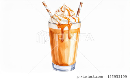 Delicious caramel iced coffee with whipped cream and striped straws, perfect for refreshing treat 125953199