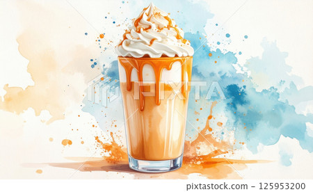 Tall glass of caramel iced coffee with whipped cream and caramel drizzle, set against colorful watercolor splash background 125953200