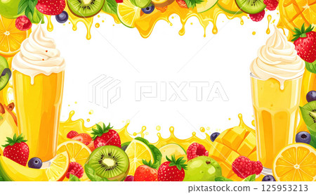 Colorful fruit smoothie border with strawberries, kiwis, and citrus fruits surrounding two creamy milkshake glasses. Refreshing and vibrant 125953213