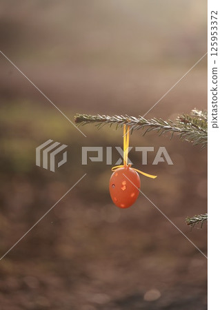 A small orange egg ornament hangs from a tree branch A small orange egg ornament hangs from a tree branch 125953372
