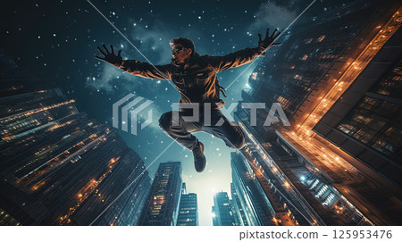 Young man jumps from the roof, Parkour or base jumping trick of an action stuntman. Generated AI. 125953476