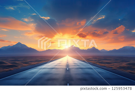 Road to the horizon. Landscape with endless highway. Generated AI. 125953478