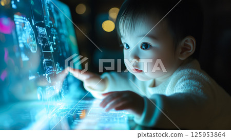 A toddler engages in online learning using futuristic technology, interacting with advanced digital interfaces. The concept of early childhood education, innovation, and the future of learning. Genera 125953864