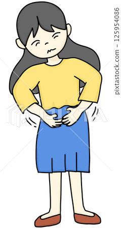 A hand-drawn cartoon of a woman experiencing stomach pain 125954086