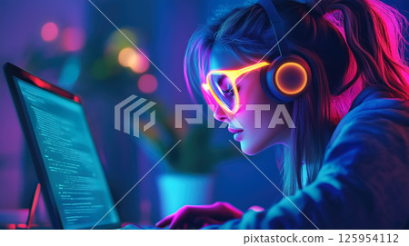 A student woman learns online with futuristic technology. The concept of education, innovation, and digital learning. Generative AI. 125954112