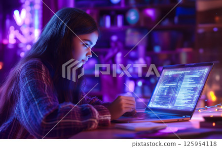 A student woman learns online with futuristic technology. The concept of education, innovation, and digital learning. Generative AI. 125954118
