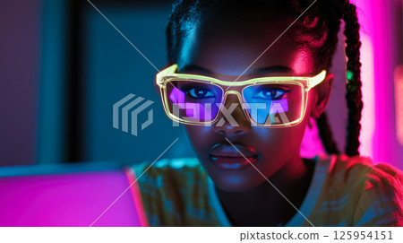 A student woman learns online with futuristic technology. The concept of education, innovation, and digital learning. Generative AI. 125954151